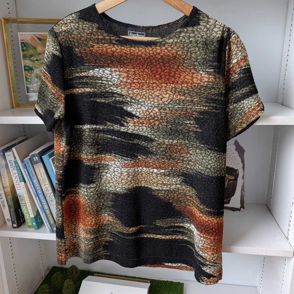 Vintage Women's Top All Over Print Black Brown Size Medium Grunge Whimsigoth Y2K